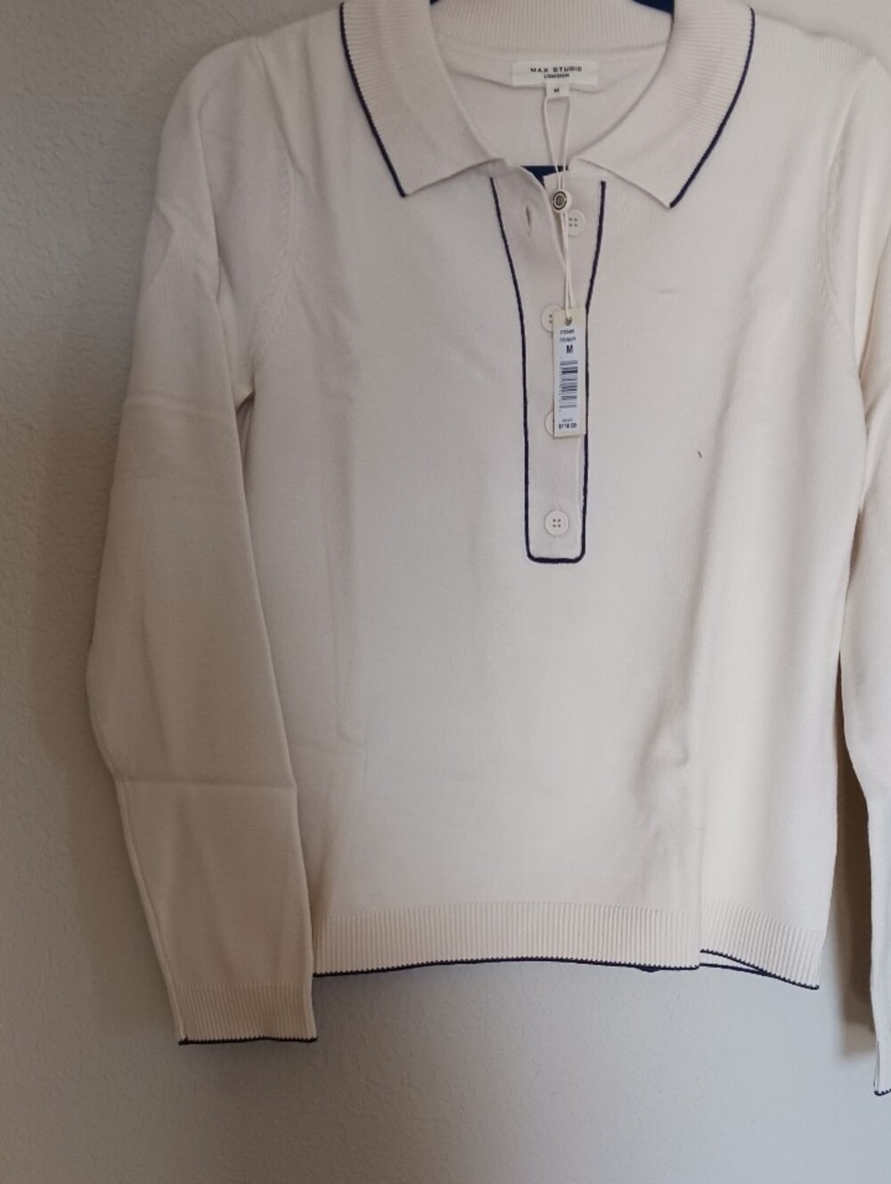 Max Studio Cream Zip-Up Sweater with Black Trim